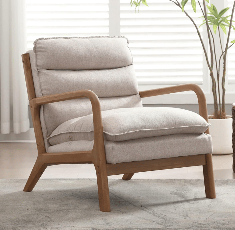 Mid Century Modern Accent Chair with Wood Frame, Upholstered Reading Armchair with Waist Cushion, D