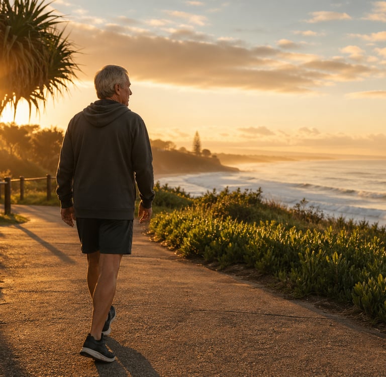 Person walking calmly after rehabilitation support and improved body confidence.
