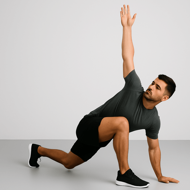 a man in a gray shirt is doing a yoga pose