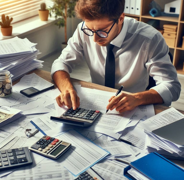 un hombre realizando muchos calculos en su escritorio