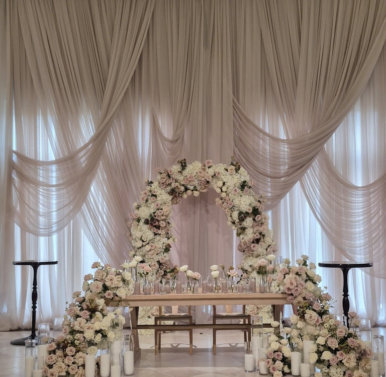 Wedding table decorated with candles and flowers