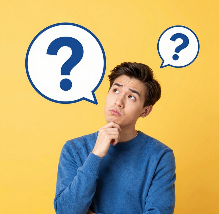 3D glossy question mark with a purple and yellow gradient on a matching yellow background.