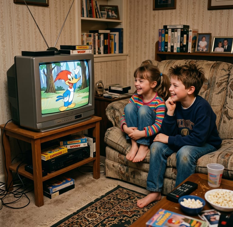 Crianças felizes assistindo aos desenhos animados do Pica-Pau em uma televisão CRT antiga, na sala d
