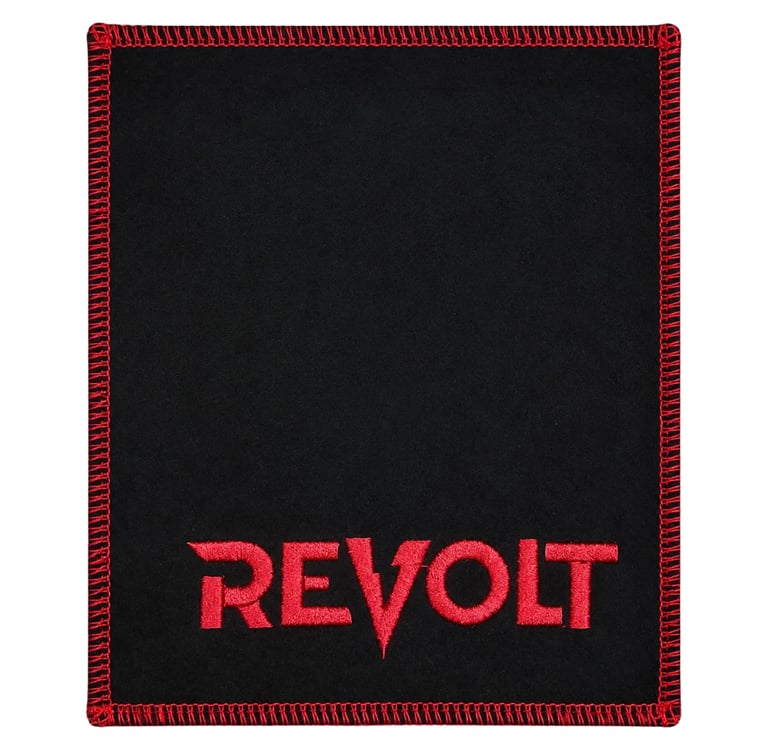 Black leather bowling shammy pad with red embroidery and outline stitching