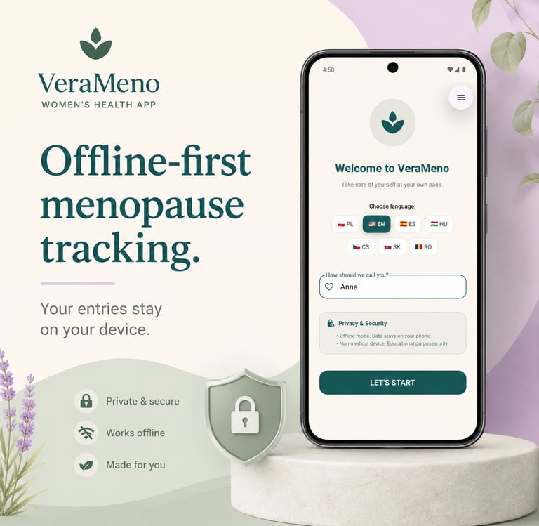 A smartphone displaying the VeraMeno menopause tracking app interface with offline data privacy features.