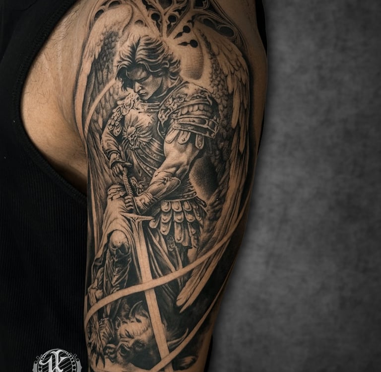 Realistic warrior arm tattoo with detailed shading by Krossinks Tattoo Studio Navi Mumbai