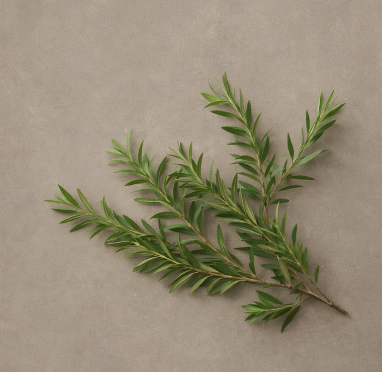 Fresh green tea tree branches with narrow leaves on a neutral beige textured background.