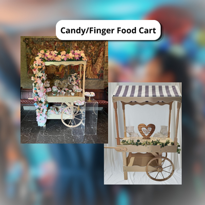 Elegant vintage wooden candy and finger food cart decorated with flowers for wedding events.