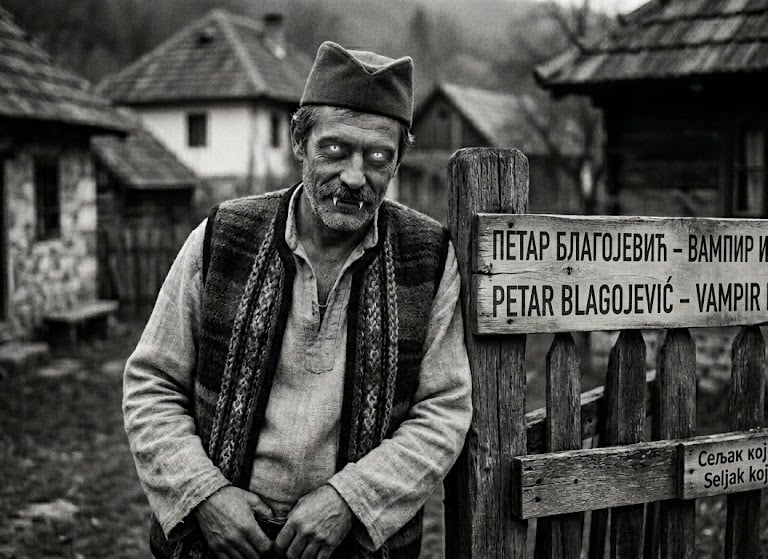 A black and white image depicts Petar the Vampire standing in a traditional country village.