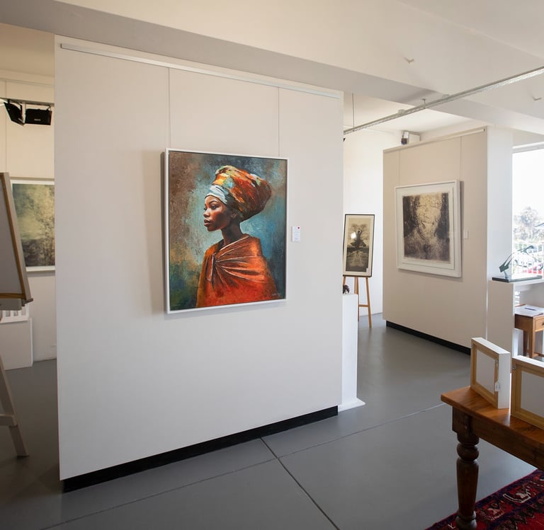 Art at Napier Gallery interior with portrait painting and contemporary artworks on display.