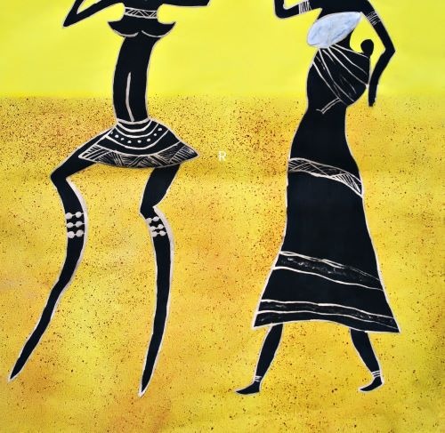 Traditional African tribal painting of silhouetted women dancing on a yellow background.