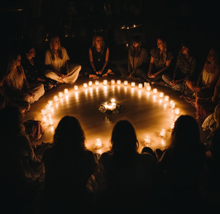 Cercle de femmes réunies autour d'un cercle de bougies dans la pénombre