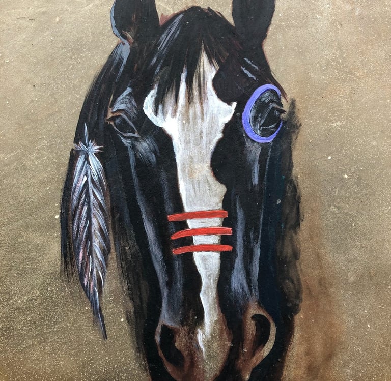 Beloved Blossom, drum painting in acrylics. Oak frame with Red Stag Hide birthed in ceremony