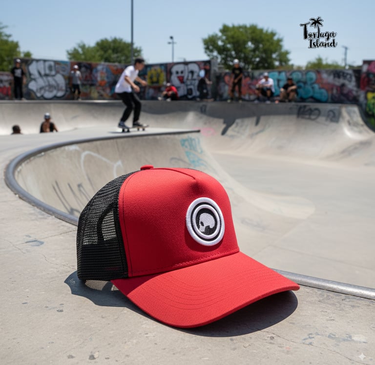 Red and black trucker hat with a skull logo sitting on a concrete skatepark bowl edge.