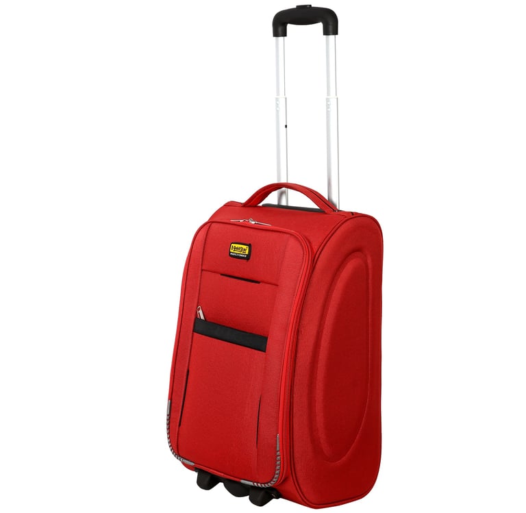 a red suitcase with a black handle and with black wheel