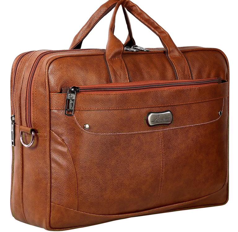 a brown leather office bag with metallic logo and sturdy handle