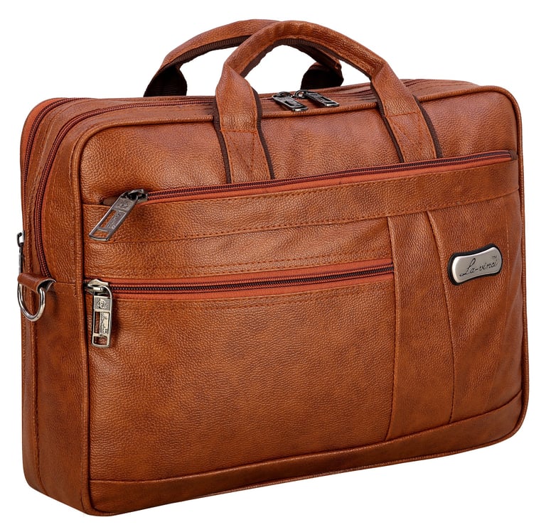 a brown leather office bag with multiple compartments