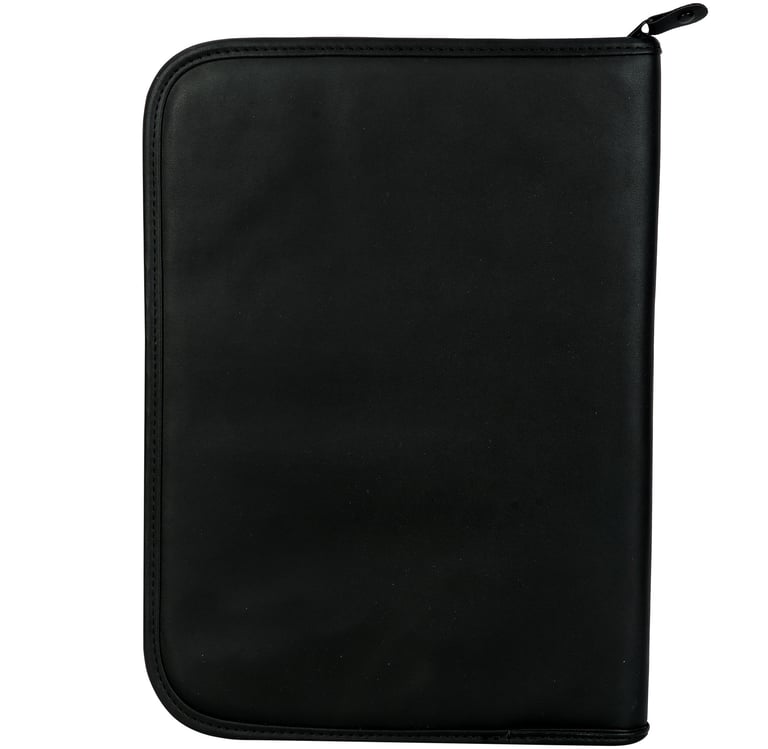 a black folder with a zippered closure