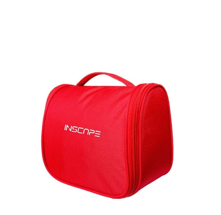 a red makeup bags with inscape logo on it