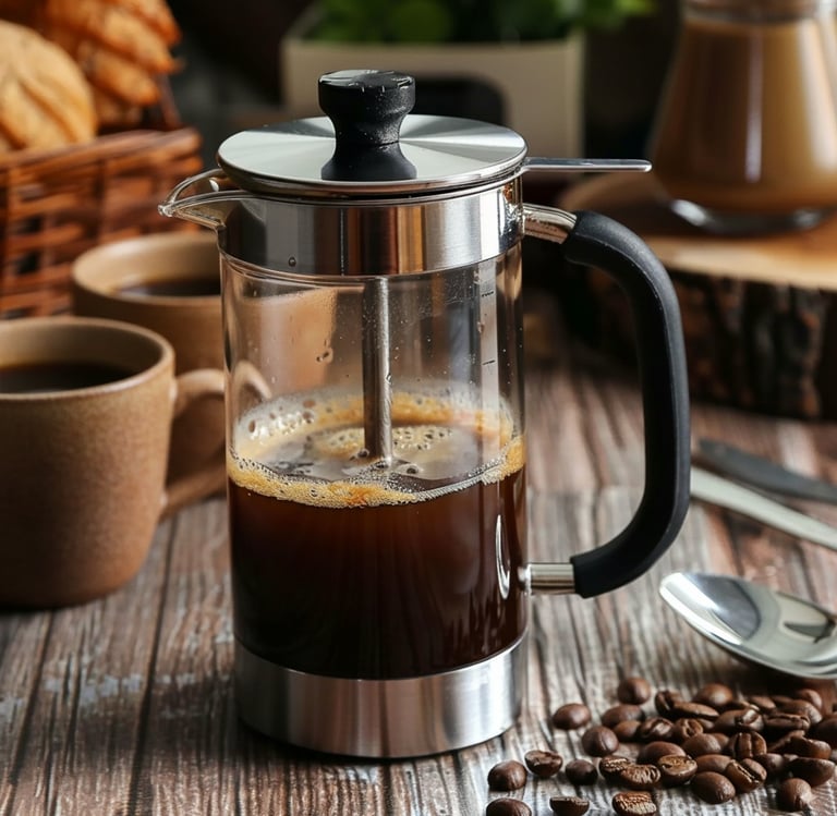 une cafetière à piston avec deux tasses et des grains de café