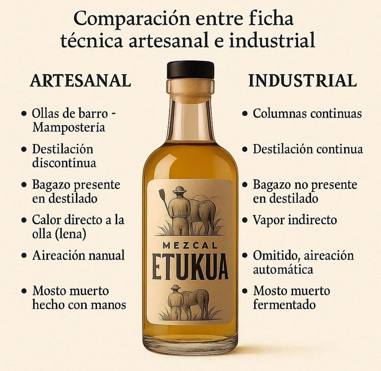 Side-by-side comparando fichas técnicas de mezcal artesanal vs industrial
