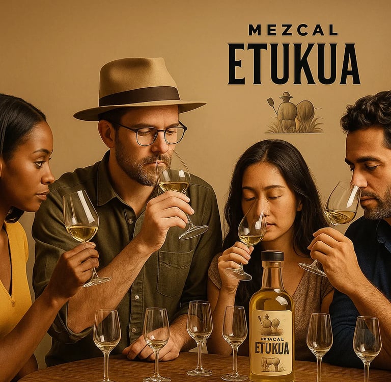 Grupo de personas en una catación guiada por un experto de Etukua, aprendiendo a apreciar el color y