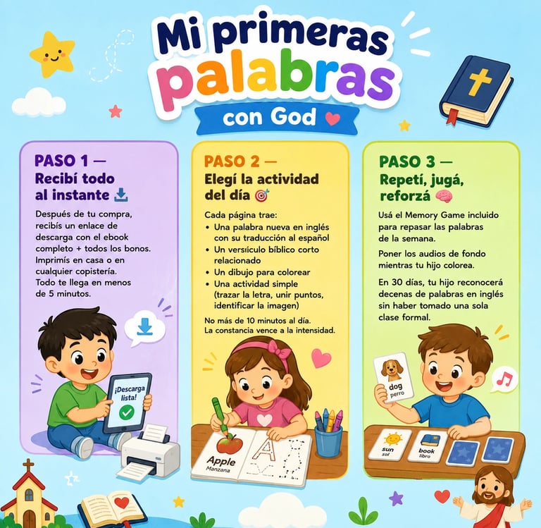 Infographic for Christian children's English learning book Mi Primeras Palabras con God showing three educational steps.