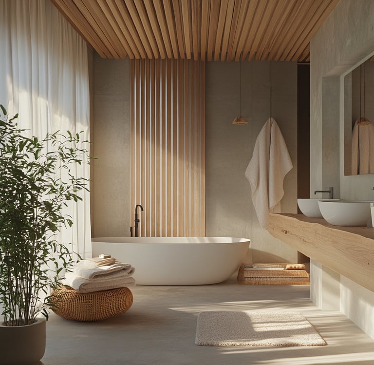 a bathroom with a standing tub neutral colors and wood