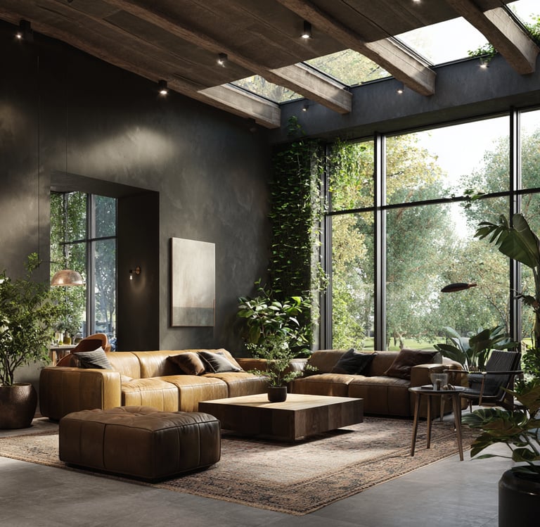 a living room with a couch and a large window and many plants