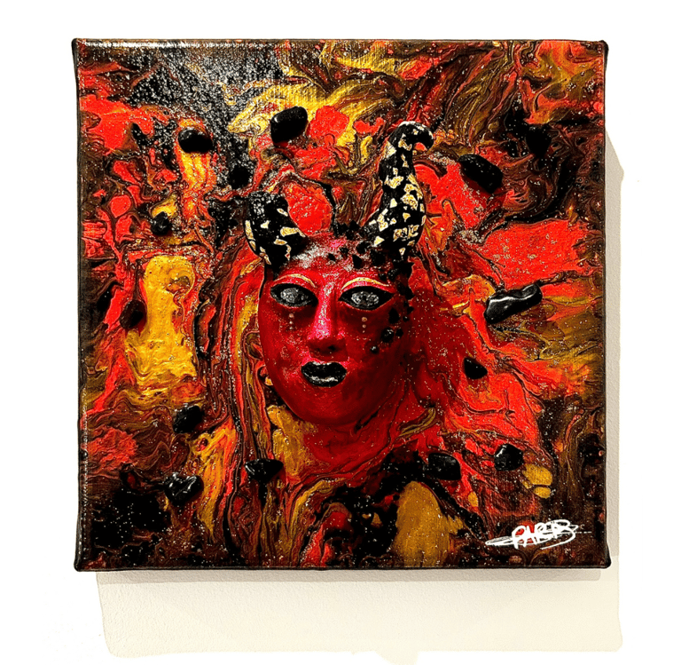 a painting of a woman's face with a red mask