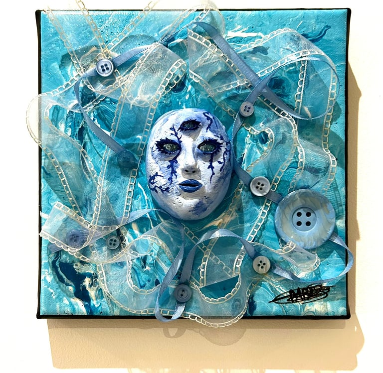 a painting of a face with a blue face and tissus