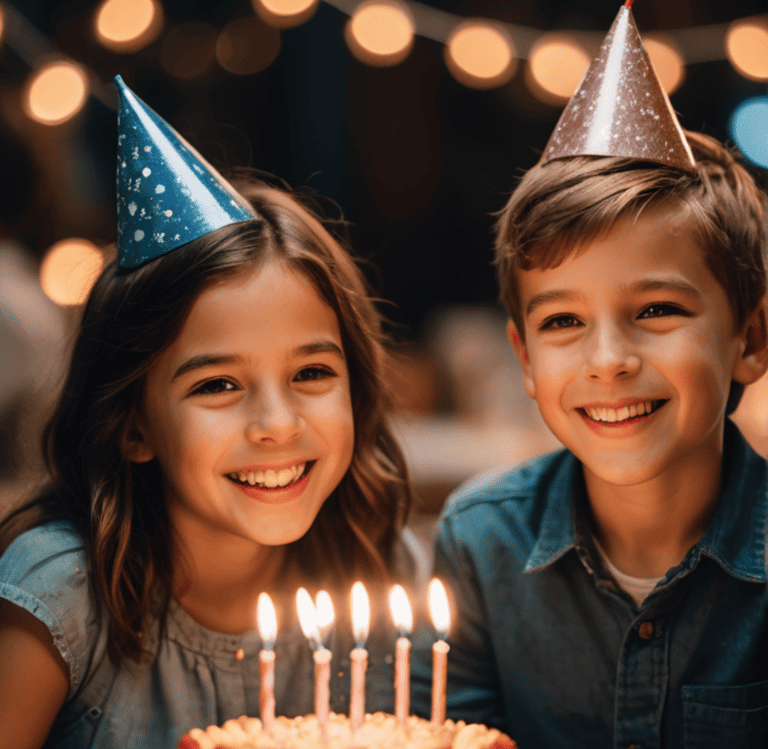 a boy and girl are sitting at a table with candles