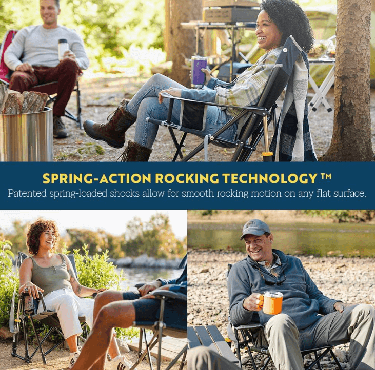 happy campers using GCI Outdoor Kickback Rocker Chair, comfortable rocking camping chair.