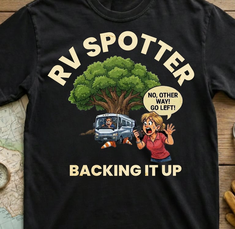 Black t-shirt with funny RV spotter backing up marriage saver graphic — Horacio & Visconti