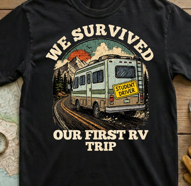 Black t-shirt with funny We Survived Our First RV Trip camping graphic — Horacio & Visconti