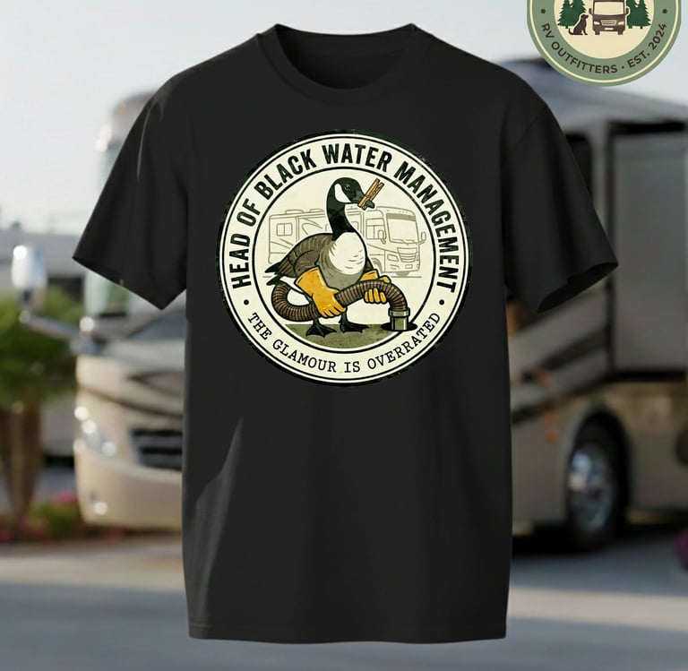 Funny RV t-shirt featuring a goose holding a black water sewer hose with an RV motorhome background.