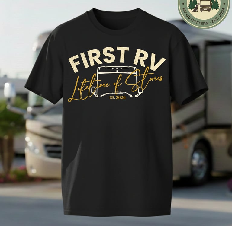 Black RV t-shirt with First RV Lifetime of Stories graphic design for camping enthusiasts.
