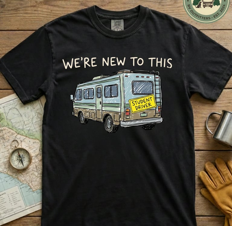 Black t-shirt with funny We're New To This RV student driver graphic — Horacio & Visconti