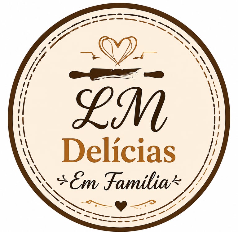 Round bakery logo for LM Delícias Em Família featuring a rolling pin and heart illustration.