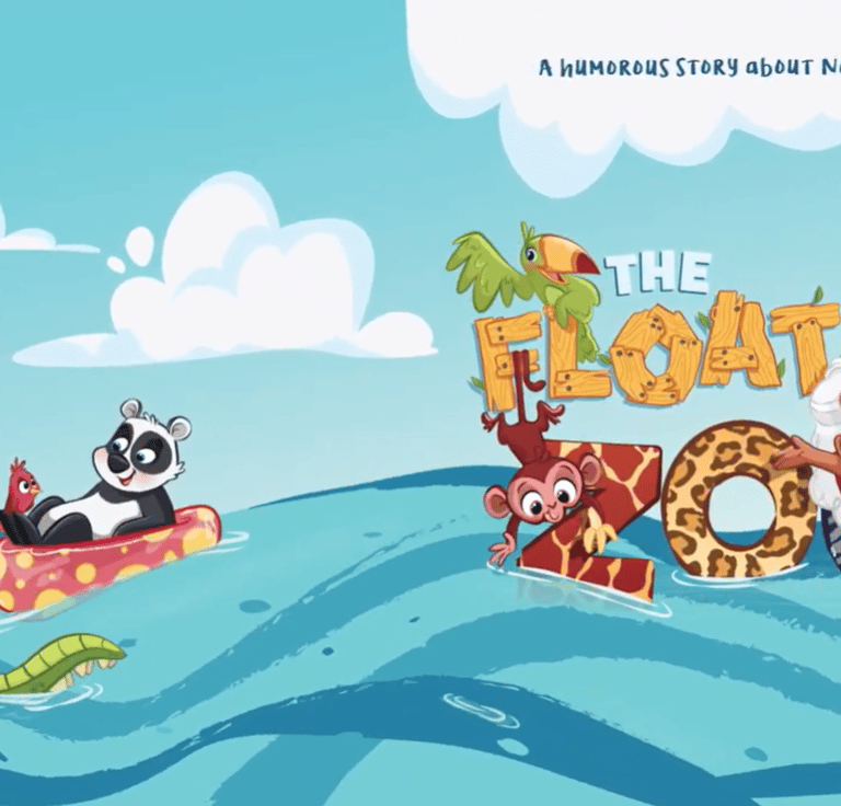 The Floating Zoo children's book cover featuring Noah and cartoon animals floating on ocean waves.