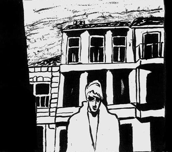 Illustration B&W d'un homme dans la rue.