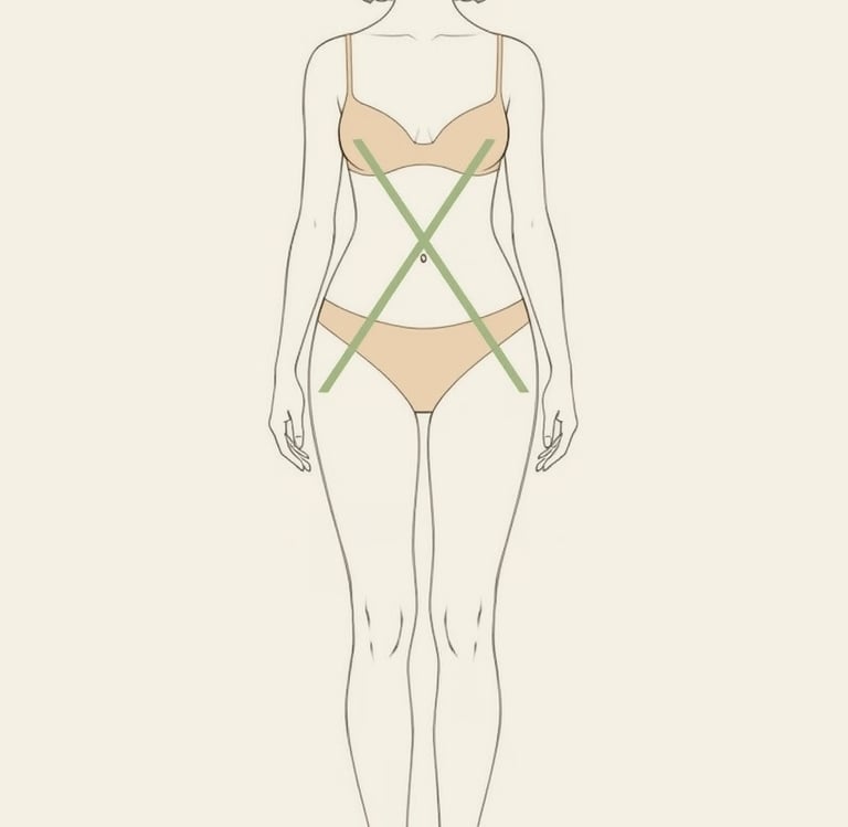 Illustration d’une femme à la morphologie en X, avec épaules et hanches alignées et une taille fine