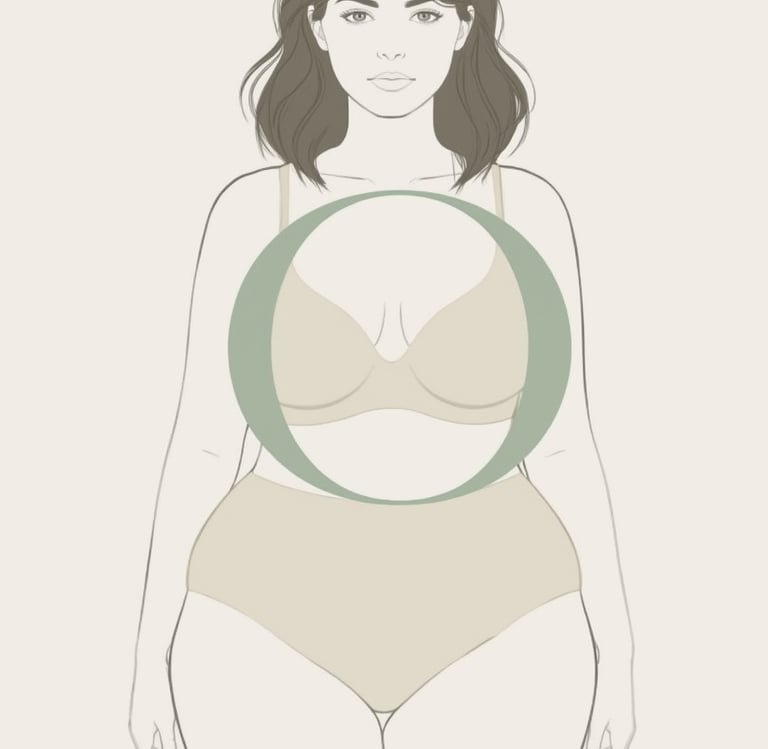 Illustration d’une femme à la morphologie en O, avec des formes généreuses, une poitrine présente