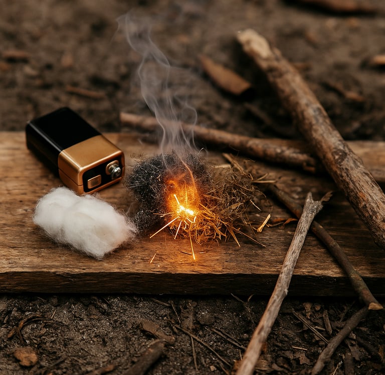 Fire igniting using steel wool and battery in outdoor survival setup