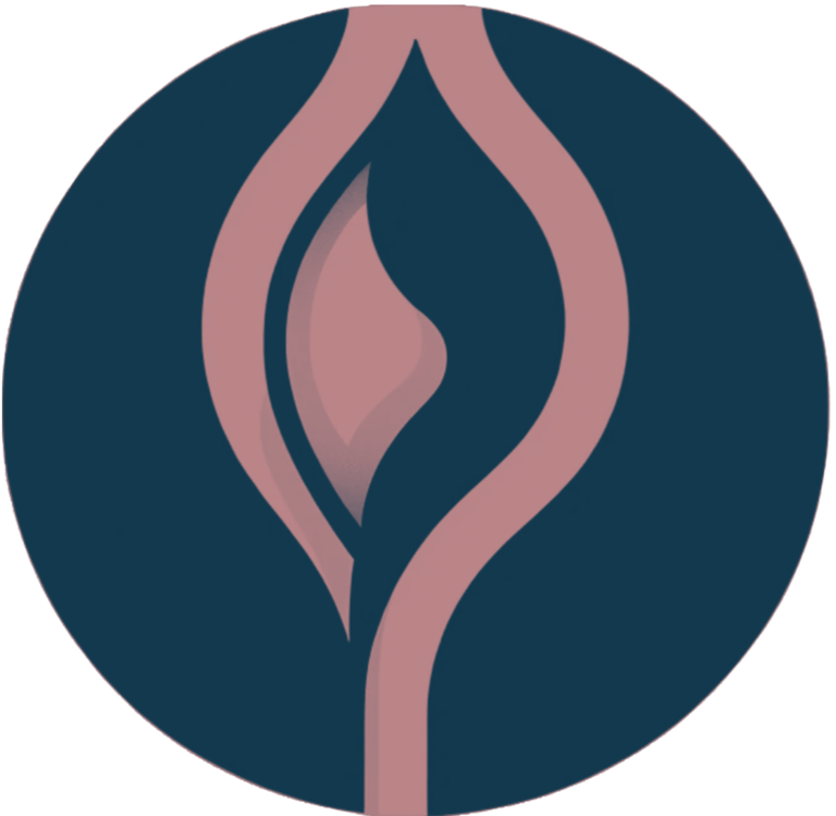 Logo of a pink flower on a blue background