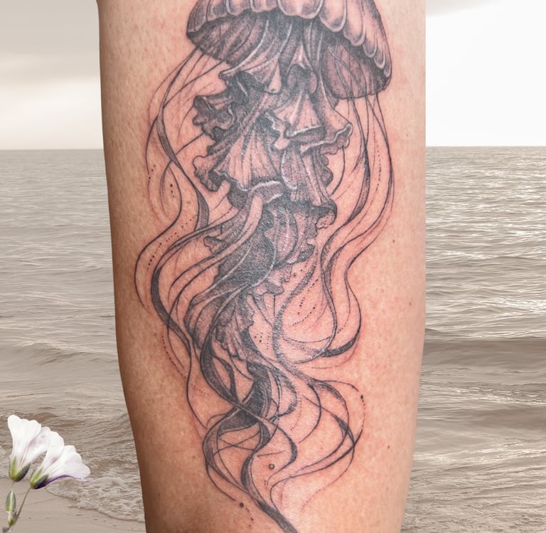 tattoo fin abstrait méduse inkorporée mollet