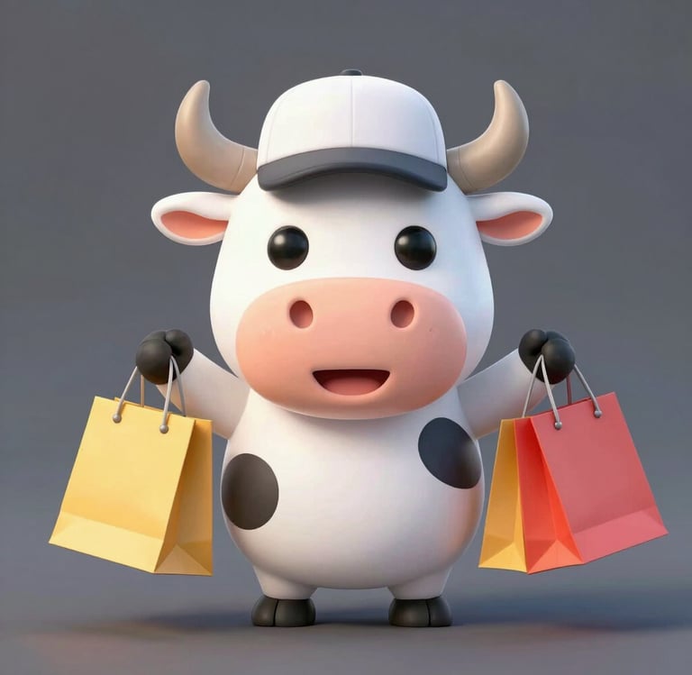 Cute cartoon black bull illustration with large horns and a friendly expression on a grey background.