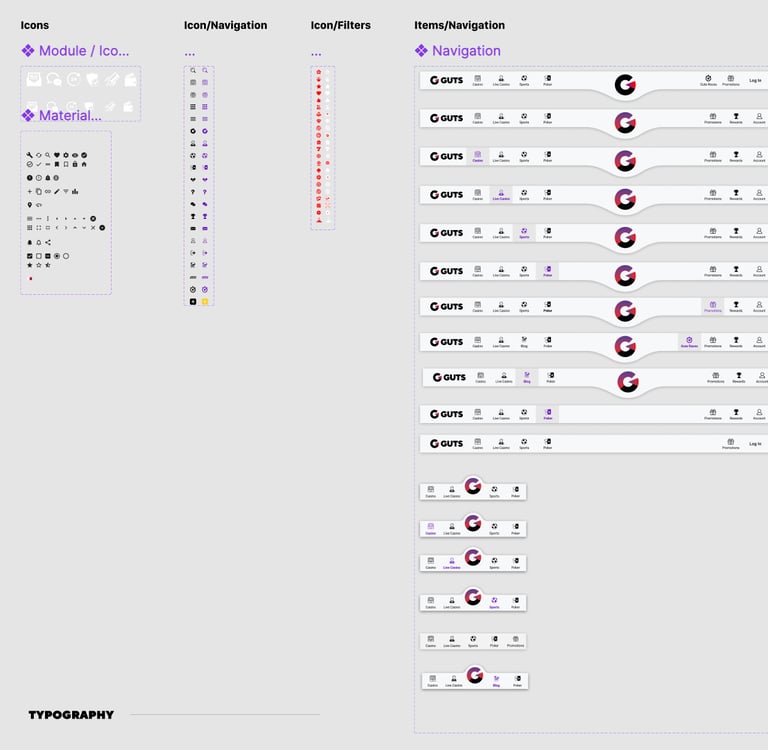 Guts design system—icon sets and multi-variant navigation bars using the heritage “nav bump” pattern