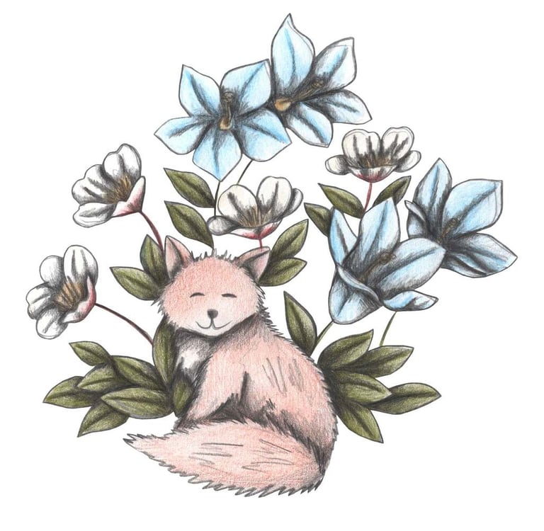 Hand-drawn illustration of a fox surrounded by white and blue flowers