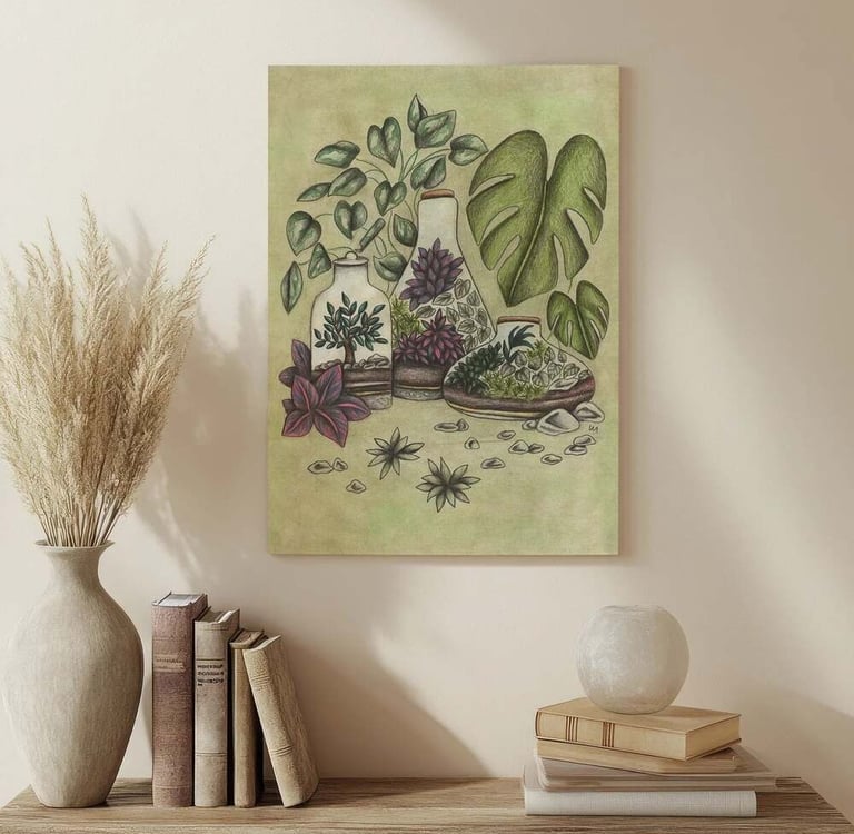 Terrariums Illustration Wall Art in a Living Room